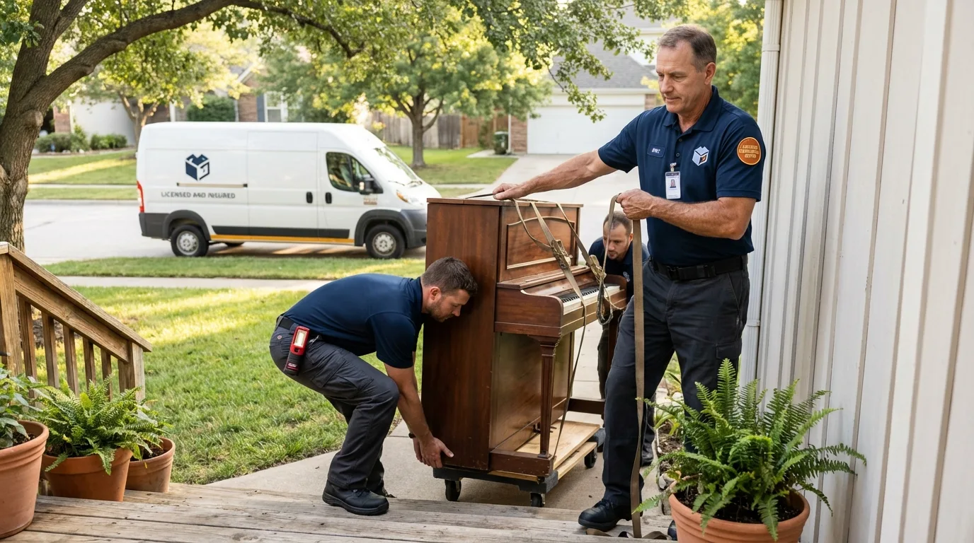 Licensed piano movers securing grand piano in Menasha, WI