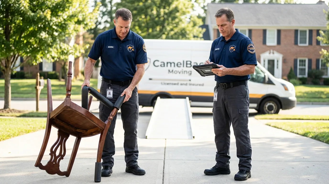 Movers inspecting furniture for damage prevention before loading in Menasha, WI