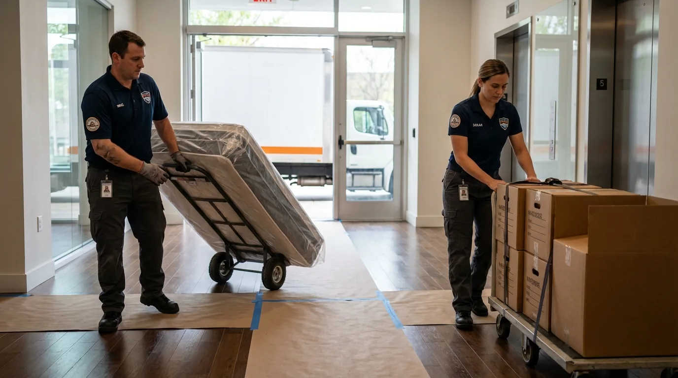 Professional apartment movers loading elevator in Menasha, WI