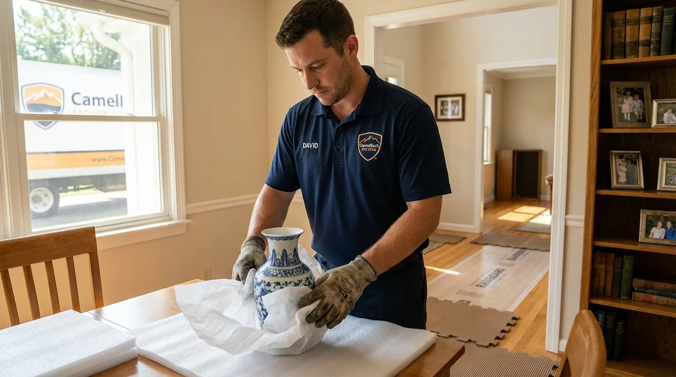 Professional crew carefully wrapping antique vase for senior downsizing move in Menasha, WI